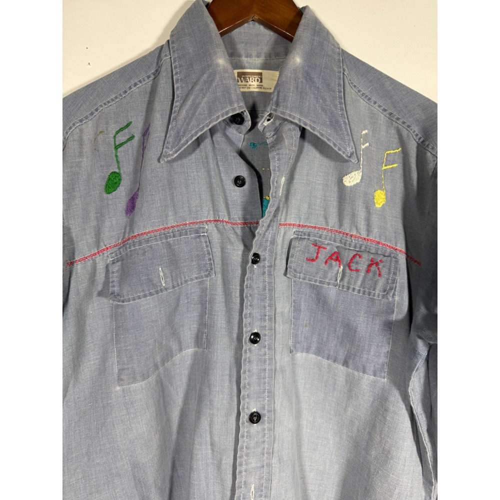 Vintage Montgomery Ward Embroidered Chambray Shirt Blue Music Mens L READ